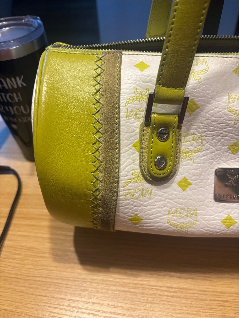 MCM limited edition suede stripes suede inside white and Lime Barrel Satchel - Picture 4 of 17